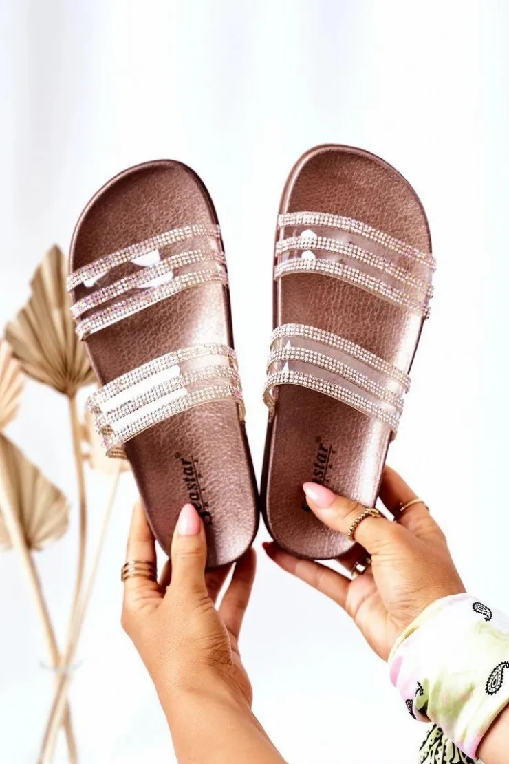 New Boto Gumowe Klapki Z Cyrkoniami Różowe Złoto Miss You