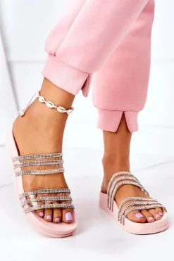 Boto Klapki Damskie Klasyczne*Gumowe Klapki Z Cyrkoniami Różowe Miss You