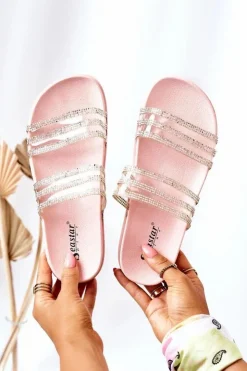 Boto Klapki Damskie Klasyczne*Gumowe Klapki Z Cyrkoniami Różowe Miss You