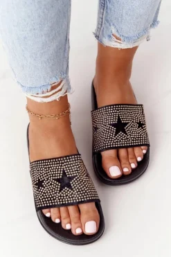 Damskie Evento Gumowe Klapki Z Dżetami Czarne Edie