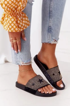 Damskie Evento Gumowe Klapki Z Dżetami Czarne Edie