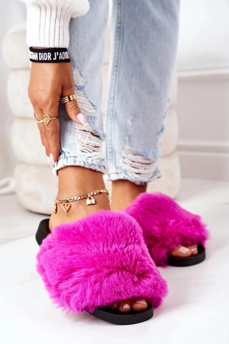 Outlet Boto Gumowe Klapki Z Futerkiem Fuksja Soft