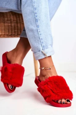 Damskie Boto Gumowe Klapki Z Futerkiem Czerwone Sensitive