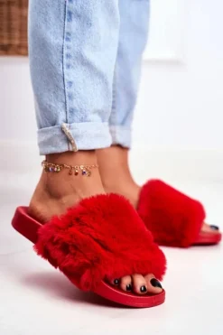 Damskie Boto Gumowe Klapki Z Futerkiem Czerwone Sensitive