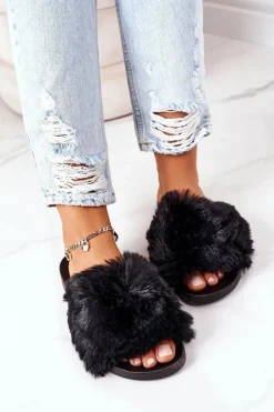 Clearance Boto Gumowe Klapki Z Futerkiem Czarne Soft