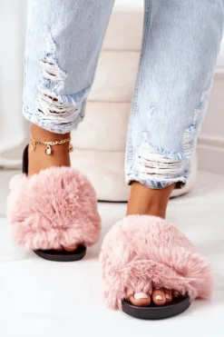 Boto Klapki Z Futerkiem|Klapki Damskie Klasyczne*Gumowe Klapki Z Futerkiem Różowe Soft