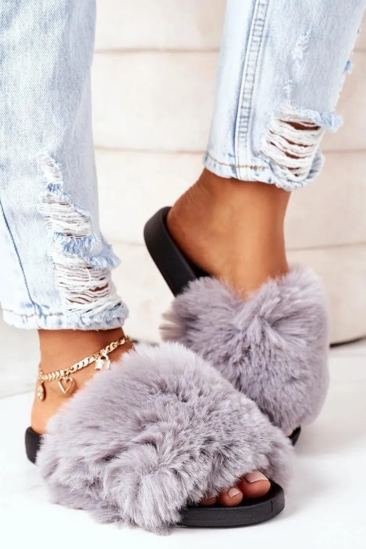 Damskie Boto Gumowe Klapki Z Futerkiem Szare Soft