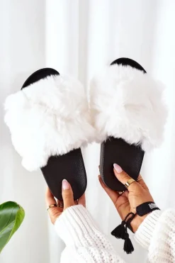 Damskie Boto Gumowe Klapki Z Futerkiem Białe Soft