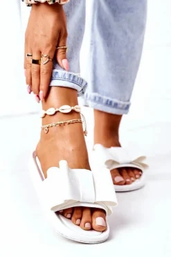 Damskie Boto Gumowe Klapki Z Kokardą Białe April