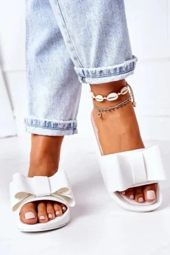 Damskie Boto Gumowe Klapki Z Kokardą Białe April