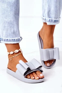 Damskie Boto Gumowe Klapki Z Kokardą Szare April