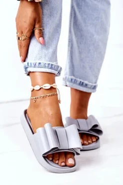 Damskie Boto Gumowe Klapki Z Kokardą Szare April