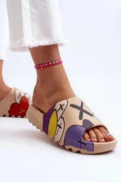 Boto Klapki Damskie Klasyczne*Gumowe Klapki Z Nadrukiem Ciemnobeżowe Monsters