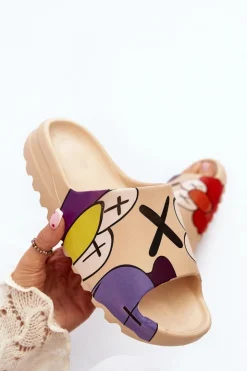 Boto Klapki Damskie Klasyczne*Gumowe Klapki Z Nadrukiem Ciemnobeżowe Monsters