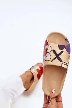 Boto Klapki Damskie Klasyczne*Gumowe Klapki Z Nadrukiem Ciemnobeżowe Monsters