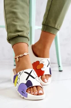 Boto Klapki Damskie Klasyczne*Gumowe Klapki Z Nadrukiem Białe Monsters Biały