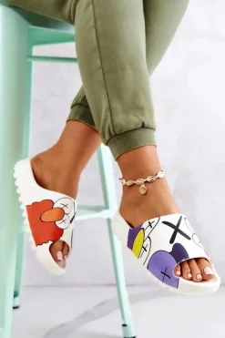 Boto Klapki Damskie Klasyczne*Gumowe Klapki Z Nadrukiem Białe Monsters Biały