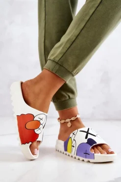 Boto Klapki Damskie Klasyczne*Gumowe Klapki Z Nadrukiem Białe Monsters Biały