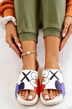 Boto Klapki Damskie Klasyczne*Gumowe Klapki Z Nadrukiem Białe Monsters Biały