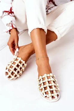 Damskie Boto Gumowe Klapki Z Perłami Lu Boo Beżowe