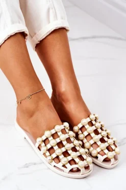 Damskie Boto Gumowe Klapki Z Perłami Lu Boo Beżowe