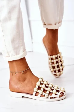 Damskie Boto Gumowe Klapki Z Perłami Lu Boo Beżowe