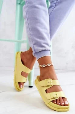 Damskie buty S.Barski Klapki Damskie Klasyczne*Gumowe Klapki Ze Sprzączką Żółte Corina