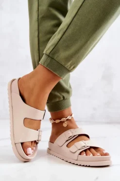 Outlet Damskie buty S.Barski Gumowe Klapki Ze Sprzączką Beżowe Corina