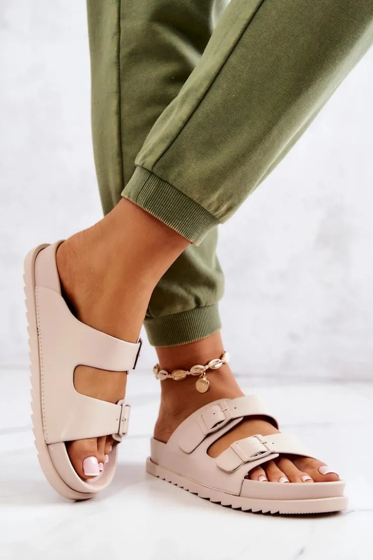 Outlet Damskie buty S.Barski Gumowe Klapki Ze Sprzączką Beżowe Corina