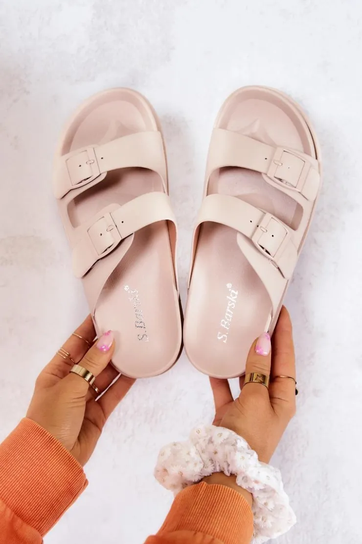 Outlet Damskie buty S.Barski Gumowe Klapki Ze Sprzączką Beżowe Corina