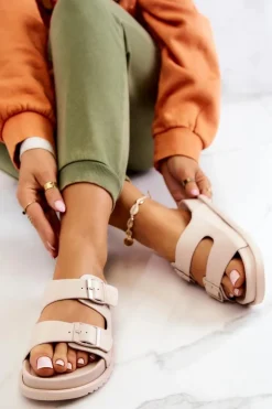 Outlet Damskie buty S.Barski Gumowe Klapki Ze Sprzączką Beżowe Corina