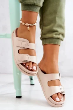 Outlet Damskie buty S.Barski Gumowe Klapki Ze Sprzączką Beżowe Corina