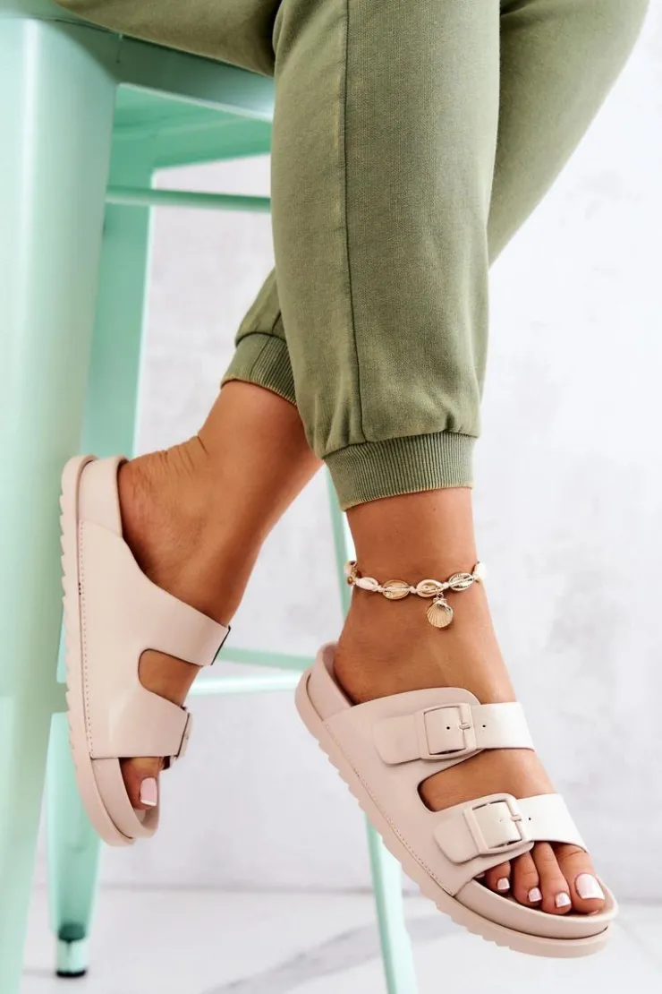 Outlet Damskie buty S.Barski Gumowe Klapki Ze Sprzączką Beżowe Corina