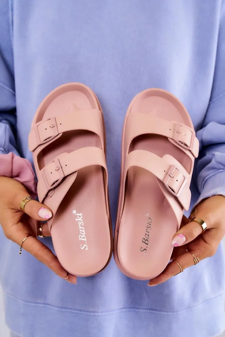 Sale Damskie buty S.Barski Gumowe Klapki Ze Sprzączką Różowe Corina