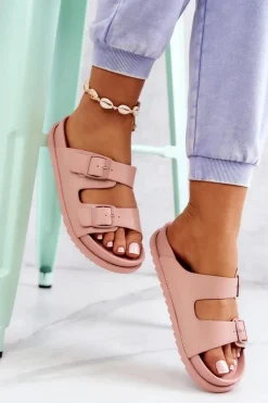 Sale Damskie buty S.Barski Gumowe Klapki Ze Sprzączką Różowe Corina