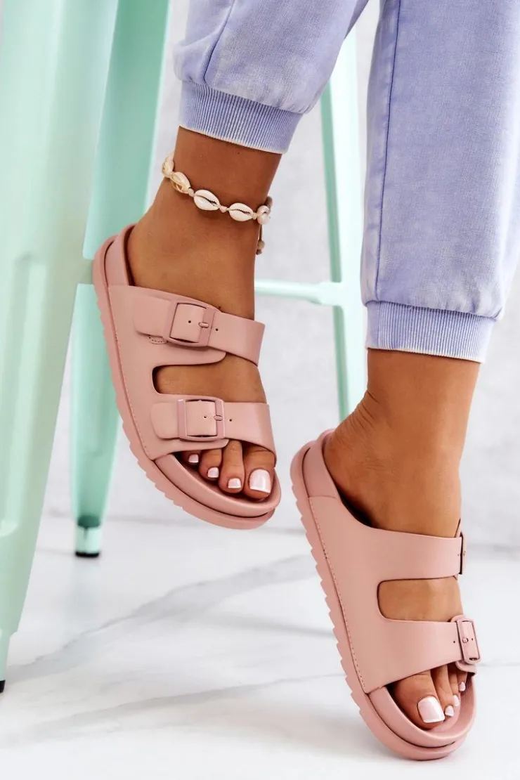 Sale Damskie buty S.Barski Gumowe Klapki Ze Sprzączką Różowe Corina