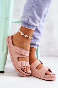 Sale Damskie buty S.Barski Gumowe Klapki Ze Sprzączką Różowe Corina