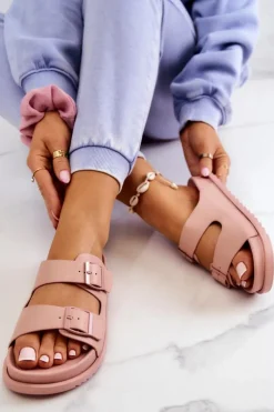 Sale Damskie buty S.Barski Gumowe Klapki Ze Sprzączką Różowe Corina