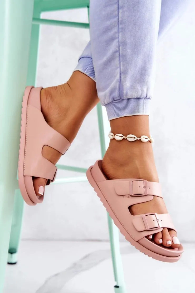 Sale Damskie buty S.Barski Gumowe Klapki Ze Sprzączką Różowe Corina