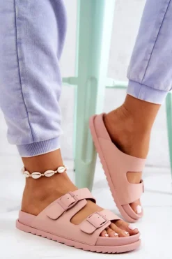 Sale Damskie buty S.Barski Gumowe Klapki Ze Sprzączką Różowe Corina