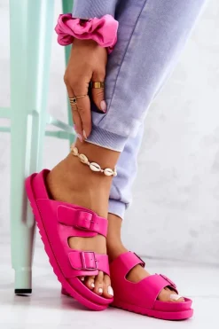 Damskie buty S.Barski Klapki Damskie Klasyczne*Gumowe Klapki Ze Sprzączką Fuksja Corina