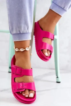 Damskie buty S.Barski Klapki Damskie Klasyczne*Gumowe Klapki Ze Sprzączką Fuksja Corina