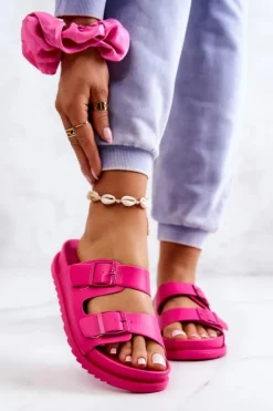 Damskie buty S.Barski Klapki Damskie Klasyczne*Gumowe Klapki Ze Sprzączką Fuksja Corina