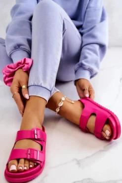 Damskie buty S.Barski Klapki Damskie Klasyczne*Gumowe Klapki Ze Sprzączką Fuksja Corina