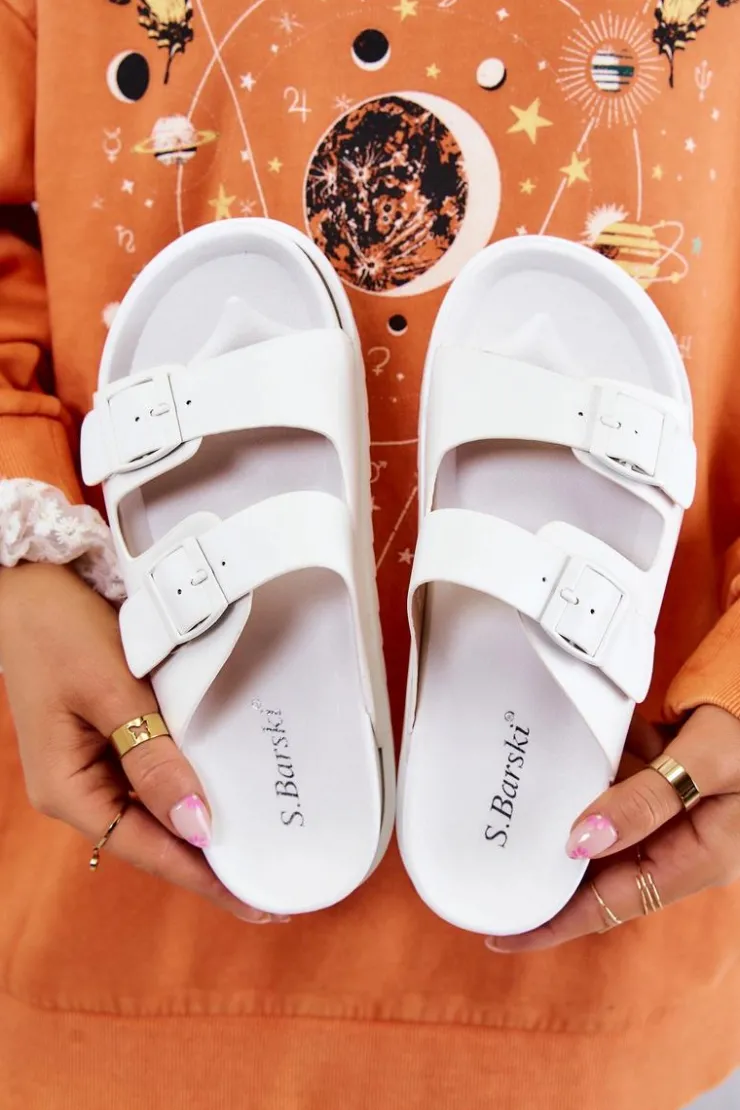 Sale Damskie buty S.Barski Gumowe Klapki Ze Sprzączką Białe Corina Biały