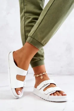 Sale Damskie buty S.Barski Gumowe Klapki Ze Sprzączką Białe Corina Biały