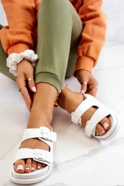 Sale Damskie buty S.Barski Gumowe Klapki Ze Sprzączką Białe Corina Biały