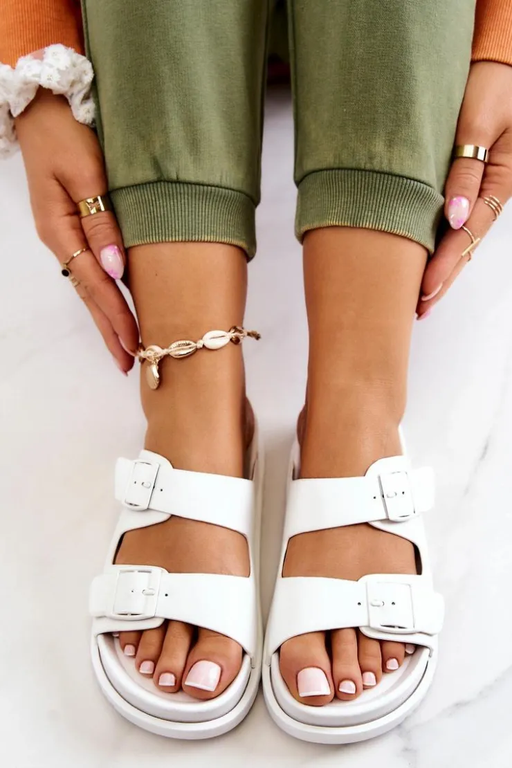 Sale Damskie buty S.Barski Gumowe Klapki Ze Sprzączką Białe Corina Biały