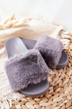 Boto Kapcie Klasyczne|Klapki Z Futerkiem*Gumowe Profilowane Klapki Z Futerkiem Szare Emmie