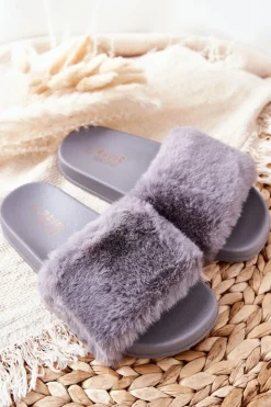 Boto Kapcie Klasyczne|Klapki Z Futerkiem*Gumowe Profilowane Klapki Z Futerkiem Szare Emmie